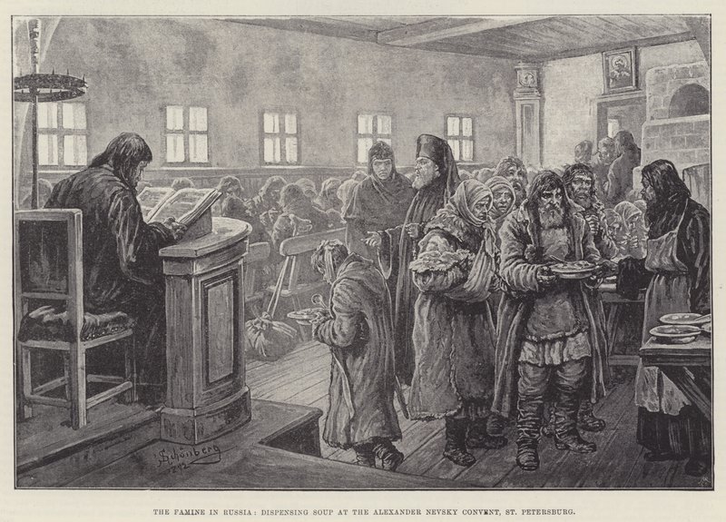 Hungersnøden i Rusland, udskænkning af suppe i Alexander Nevsky-klosteret, Skt. Petersborg af Johann Nepomuk Schonberg