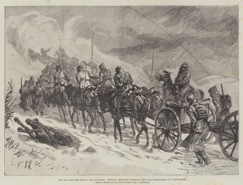 Krigen mellem Serbien og Bulgarien, serbisk artilleri krydser Ploca-bjergene i en snestorm af Johann Nepomuk Schonberg