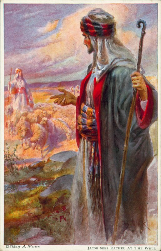 Jakob ser Rachel ved brønden (farvelitografi) af Johannes Adolf Tillack