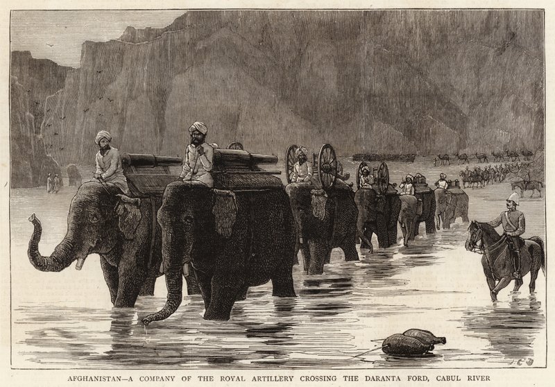 Afghanistan, et kompagni af det kongelige artilleri, der krydser Daranta Ford, Cabul-floden af John Charles Dollman