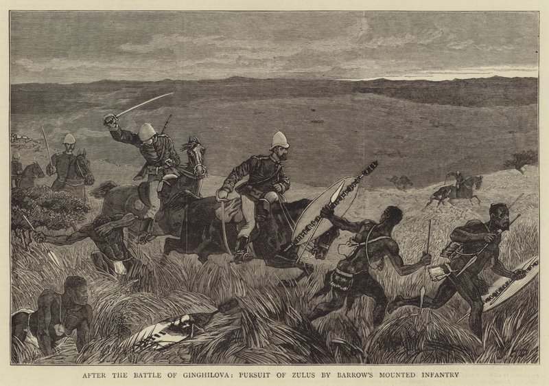 Efter slaget ved Ginghilova, forfølgelse af zuluer af Barrows beredne infanteri af John Charles Dollman