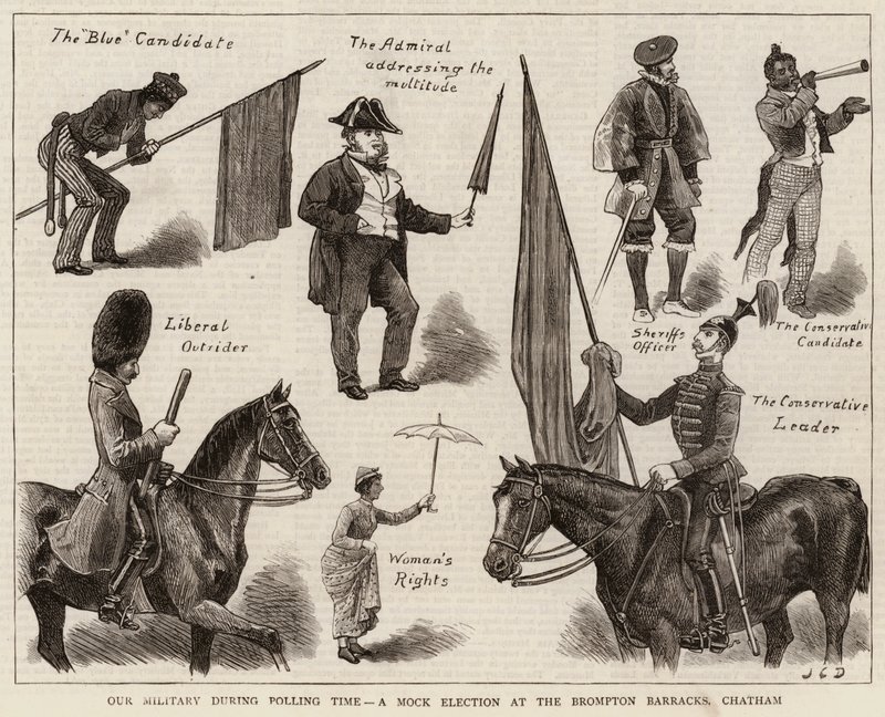 Vores militær i afstemningstid, et falsk valg på Brompton Kaserne, Chatham af John Charles Dollman