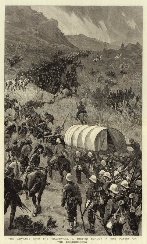 Fremrykningen til Transvaal, en britisk konvoj i Drakensberg-passerne af John Charles Dollman