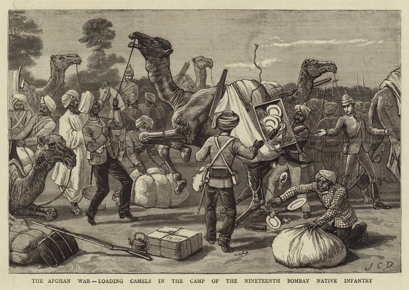 Den afghanske krig, lastning af kameler i lejren for det nittende Bombay Native Infantry af John Charles Dollman