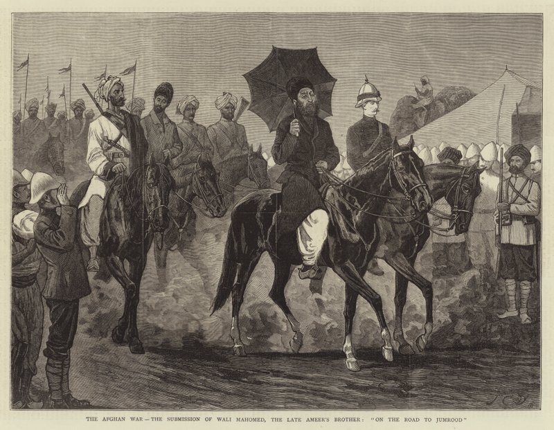 Den afghanske krig, underkastelsen af Wali Mahomed, den afdøde Ameers bror, på vej til Jumrood af John Charles Dollman