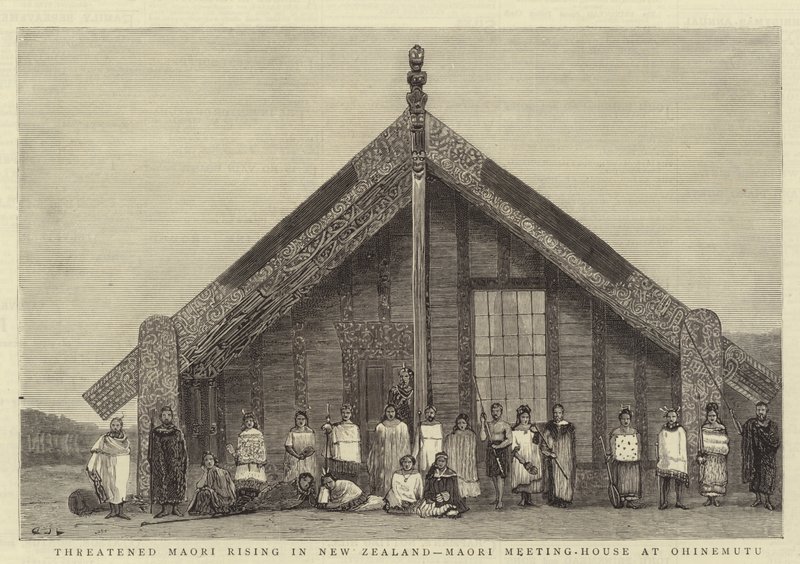 Truet Maori-opstandelse i New Zealand, Maori Meeting-House i Ohinemutu af John Charles Dollman
