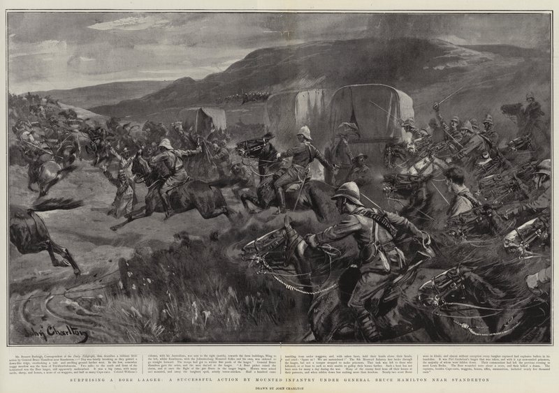 Overraskelse af en Boer Laager, en vellykket aktion af beredent infanteri under general Bruce Hamilton nær Standerton af John Charlton