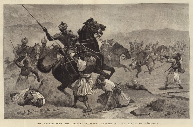 Den afghanske krig, angrebet af bengalske lansere i slaget ved Dehouruk af John Charlton