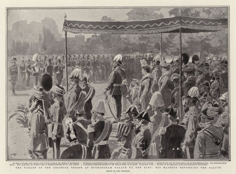 Kolonitroppernes parade ved Buckingham Palace af kongen, Hans Majestæt returnerer salutten af John Charlton