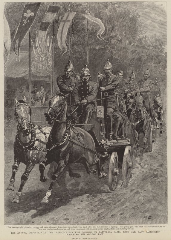 Den årlige inspektion af The Metropolitan Fire Brigade i Battersea Park, Lord og Lady Carrington ser galop forbi af John Charlton