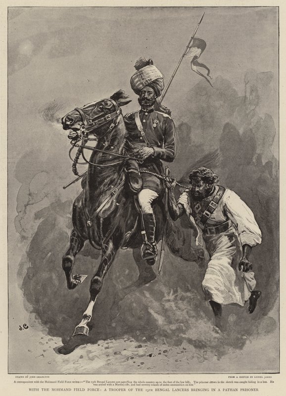 Med Mohmand Field Force, en trooper fra den 13. Bengal Lancer, der bringer en Pathan-fange ind af John Charlton