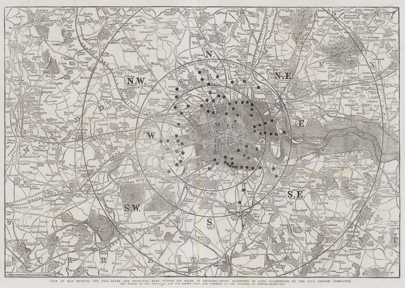 Kopi af kort, der viser Toll-Gates og Principal Bars inden for Six Miles of Charing-Cross, udstillet til Lord Palmerston af Toll Reform Committee af John Dower