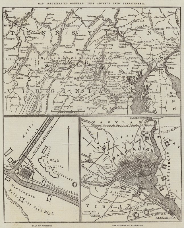 Kort der illustrerer general Lees fremrykning ind i Pennsylvania af John Dower