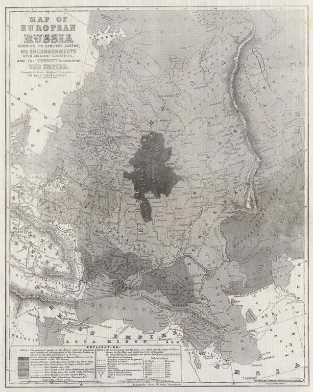Kort over det europæiske Rusland, der viser dets tidligste omfang, dets indgreb i tilstødende lande og den nuværende grænse for imperiet af John Dower