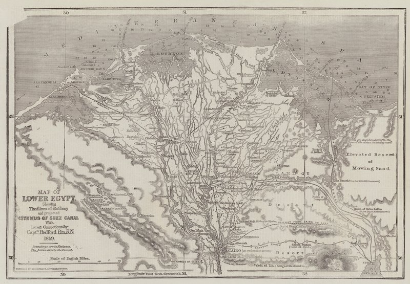 Kort over Nedre Egypten med angivelse af jernbanelinjer og den planlagte isharmus af Suezkanalen af John Dower