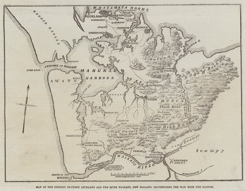 Kort over landet mellem Auckland og floden Waikato, New Zealand, der illustrerer krigen med de indfødte af John Dower