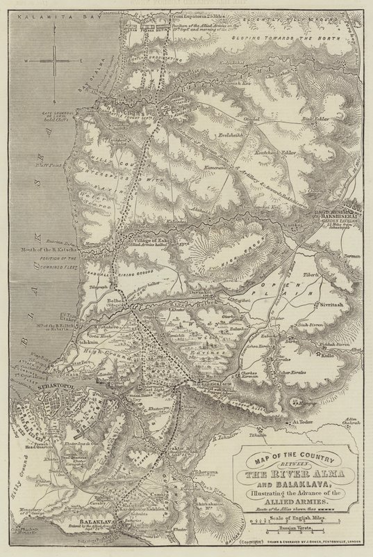 Kort over landet mellem floden Alma og Balaklava, der illustrerer de allierede hæres fremmarch af John Dower