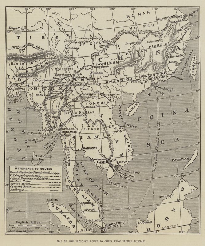 Kort over den foreslåede rute til Kina fra Britisk Burmah af John Dower