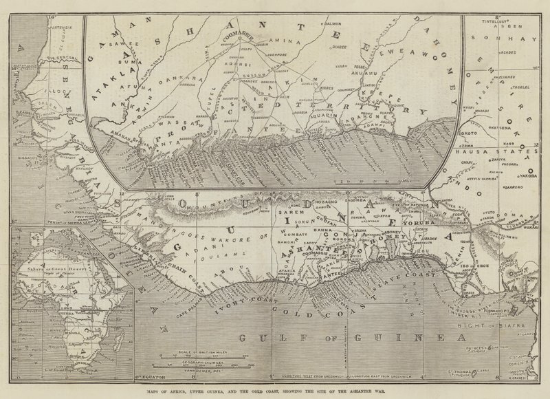 Kort over Afrika, Øvre Guinea og Guldkysten, der viser stedet for Ashantee-krigen af John Dower