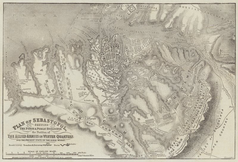 Sebastopol-plan, der viser forterne og offentlige bygninger de allierede hæres position i vinterkvarteret af John Dower