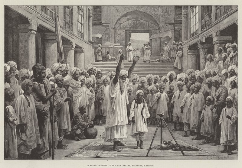 En slangetroldmand i New Bazaar, Srinagar, Kashmir af John Edward Goodall