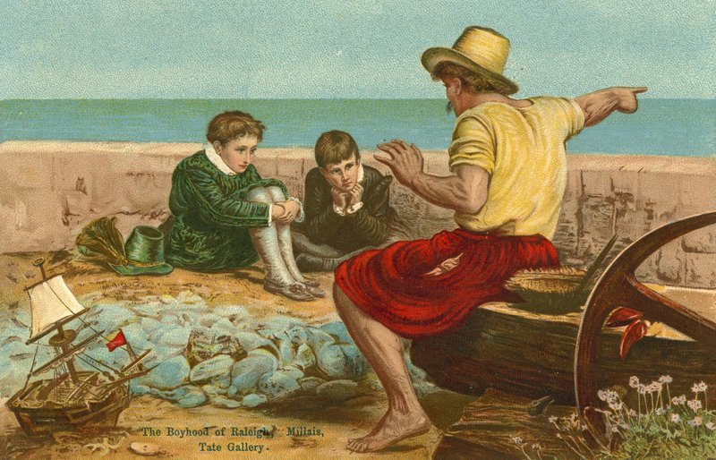 Sir Walter Raleighs barndom (chromolitho) af John Everett Millais