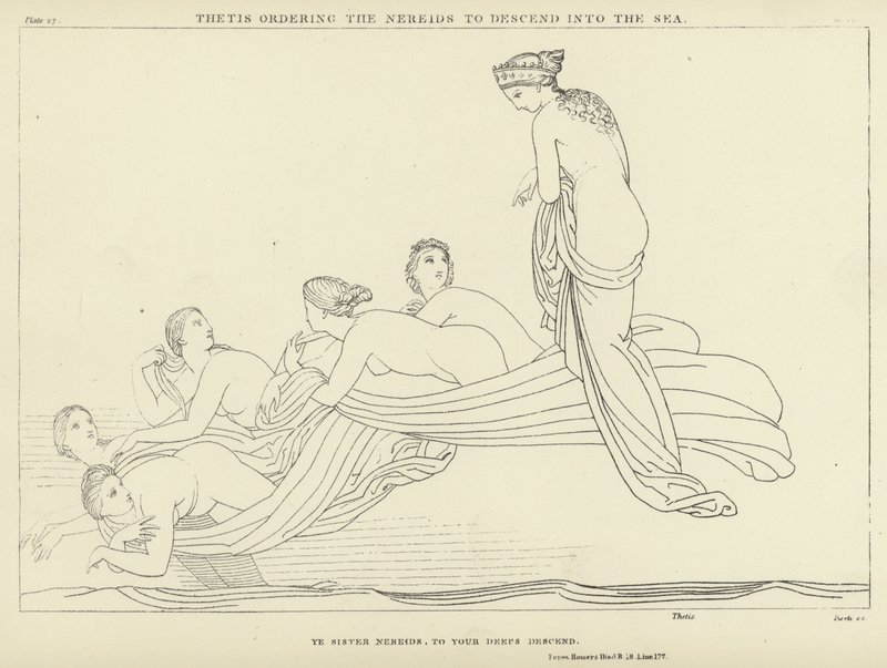 Thetis beordrede Nereiderne til at gå ned i havet af John Flaxman