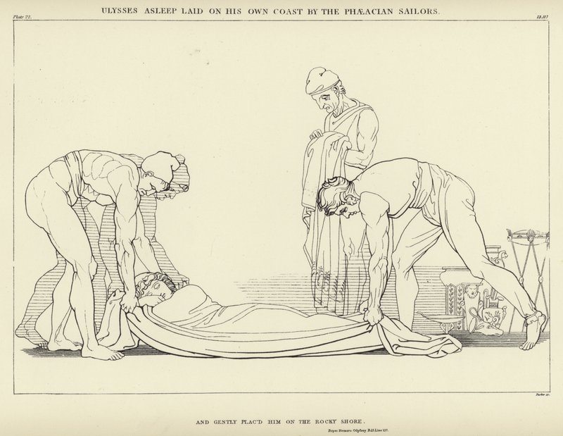 Odysseus sov på sin egen kyst af de fækiske sømænd af John Flaxman