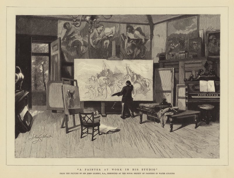 En maler på arbejde i sit atelier af John Gilbert