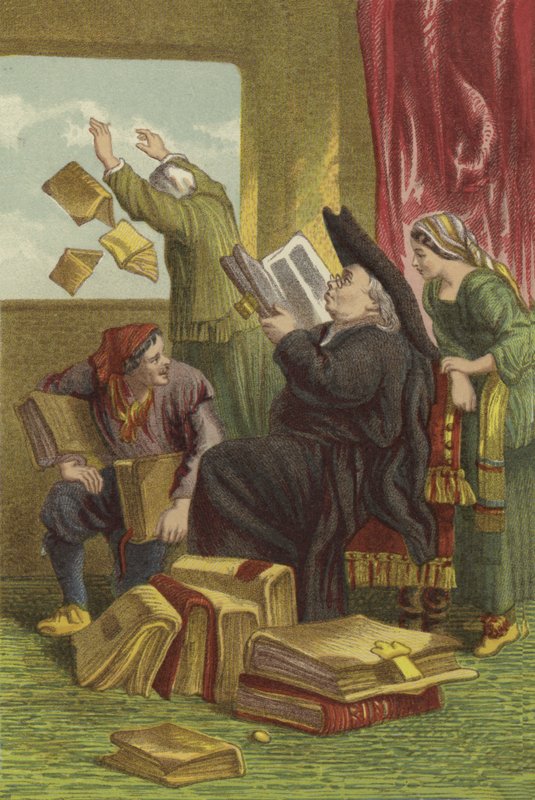 Ødelæggelse af Don Quijotes bibliotek (chromolitho) af John Gilbert