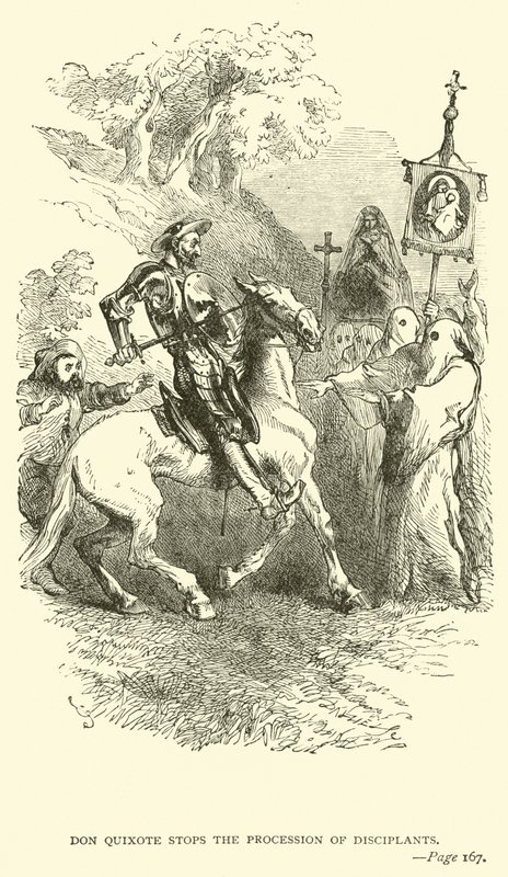 Don Quixote stopper Disciplanternes Procession af John Gilbert