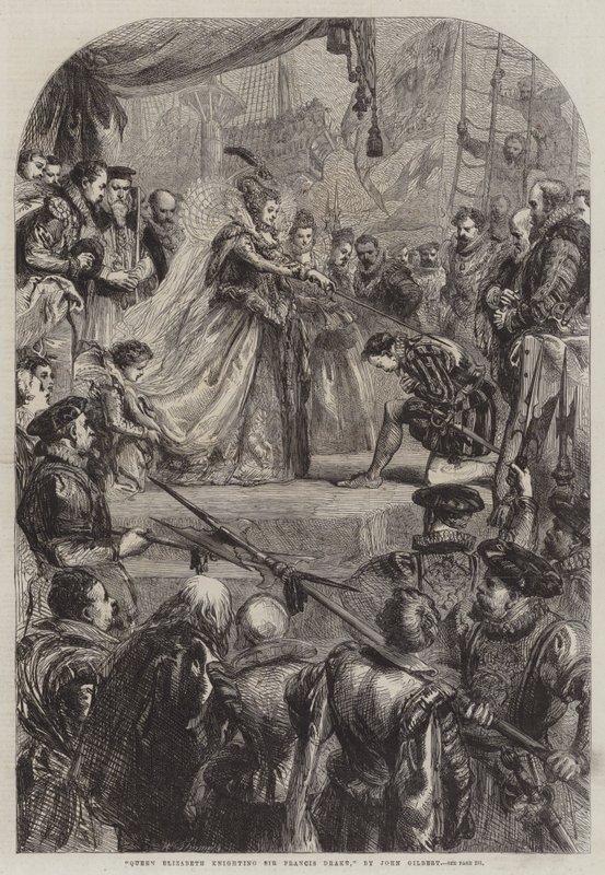 Dronning Elizabeth ridder Sir Francis Drake af John Gilbert