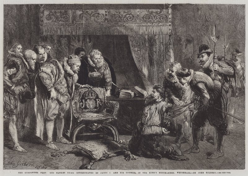 Krudtplottet, Guy Fawkes bliver forhørt af James I og hans råd i King