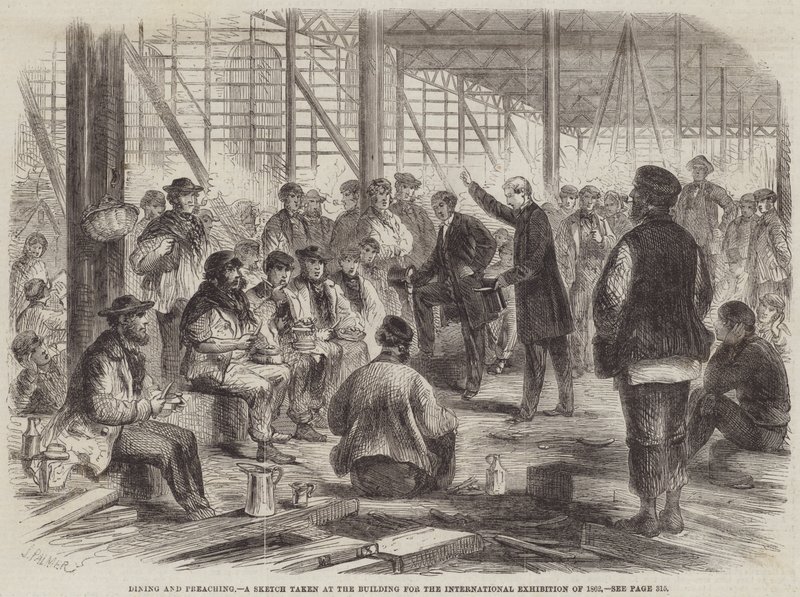 Dining and Preaching, en skitse taget ved bygningen til den internationale udstilling i 1862 af John Palmer