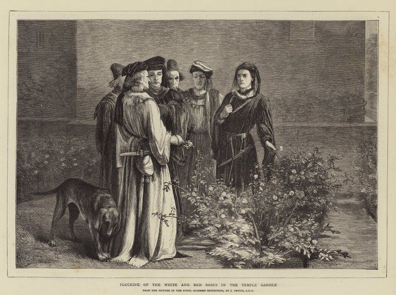 Plukning af de hvide og røde roser i tempelhaven af John Pettie