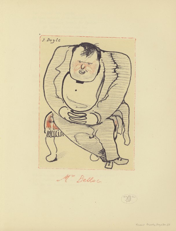 Karikatur af Hilaire Belloc, engelsk-fransk forfatter og historiker (farvelitografi) af John  Doyle