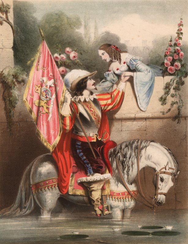 Se over havemuren Kate - soldat på en hvid hest, der møder sin kærlighed (farve litho) af John (after) Brandard
