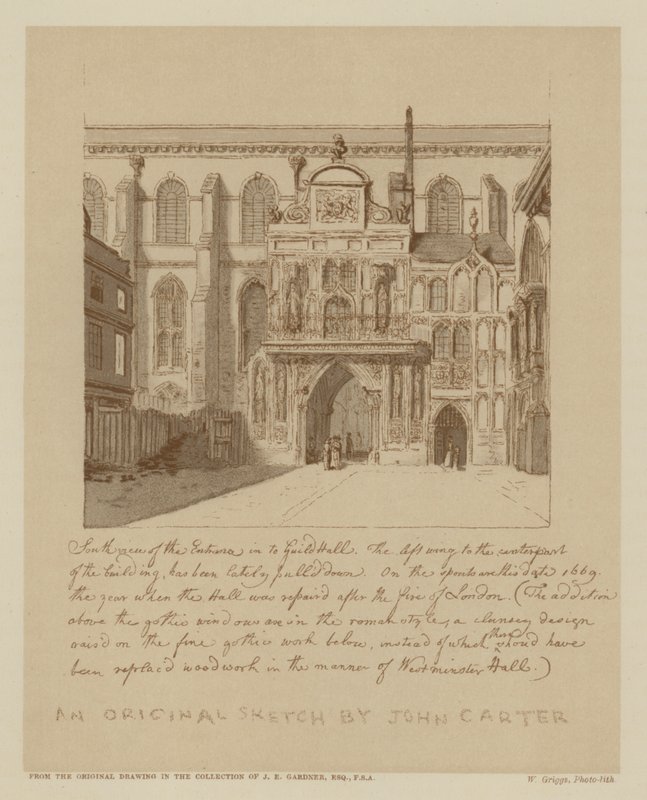 Sydlig udsigt over indgangen til Guildhall, City of London (litho) af John (after) Carter