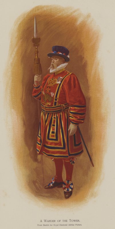 A Warder of the Tower (farve litho) af John (after) Charlton