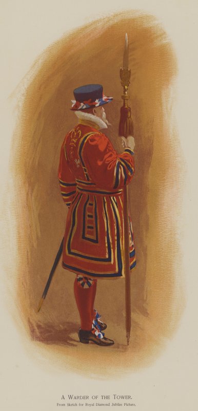A Warder of the Tower (farve litho) af John (after) Charlton