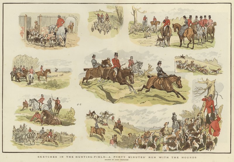 Skitser i jagtmarken (farve litho) af John (after) Charlton