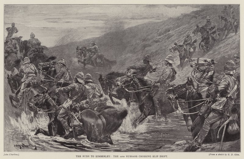 Suset til Kimberley, den 10. husarer, der krydser Klip Drift (litho) af John (after) Charlton