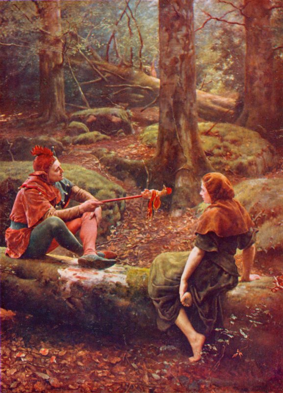 Shakespeare: Touchstone and Audrey in the Forest of Arden, As You Like It, Act III, Scene 3 (color litho) af John (after) Collier