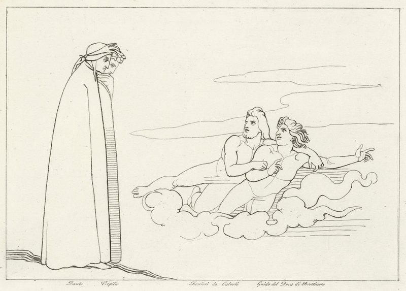 En samtale med Guido Di Brettinoro, skærsilden, Canto 14 (gravering) af John (after) Flaxman