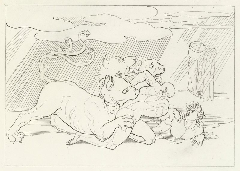 Cerberus, Inferno, Canto 6 (gravering) af John (after) Flaxman
