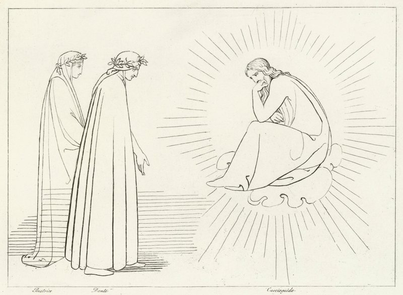 Dante diskurser med Cacciaguida, Paradise, Canto 17 (gravering) af John (after) Flaxman