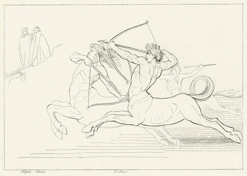 Mødet med kentaurerne, Inferno, Canto 12 (gravering) af John (after) Flaxman