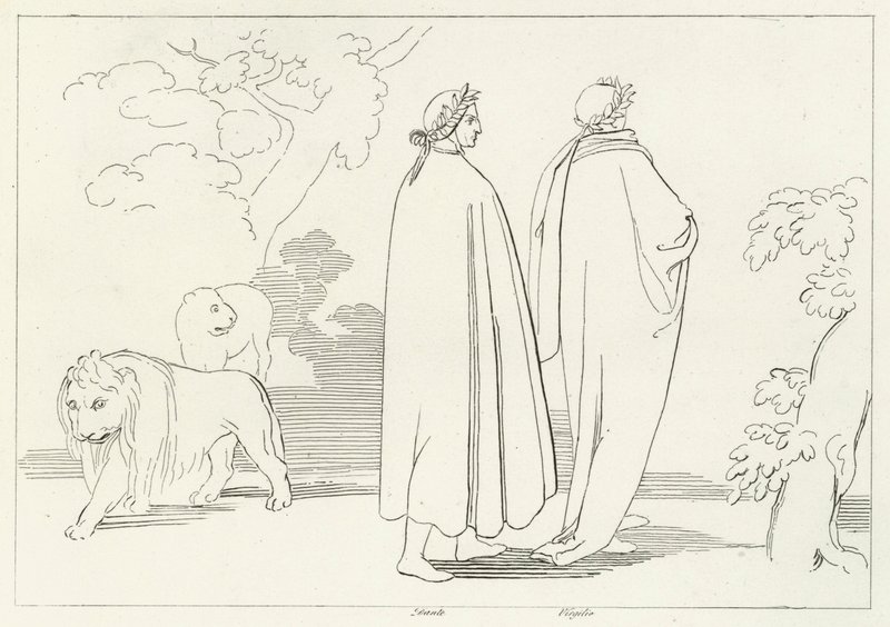Indgangen til den mørke skov, Inferno, Canto 1 (gravering) af John (after) Flaxman