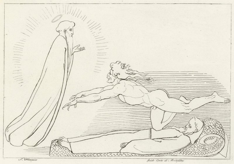 Striden om Guido De Montefeltro, Inferno, Canto 27 (gravering) af John (after) Flaxman