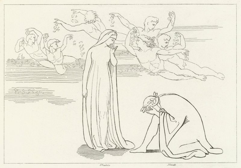 Beatrices nedstigning, skærsilden, Canto 30 (gravering) af John (after) Flaxman